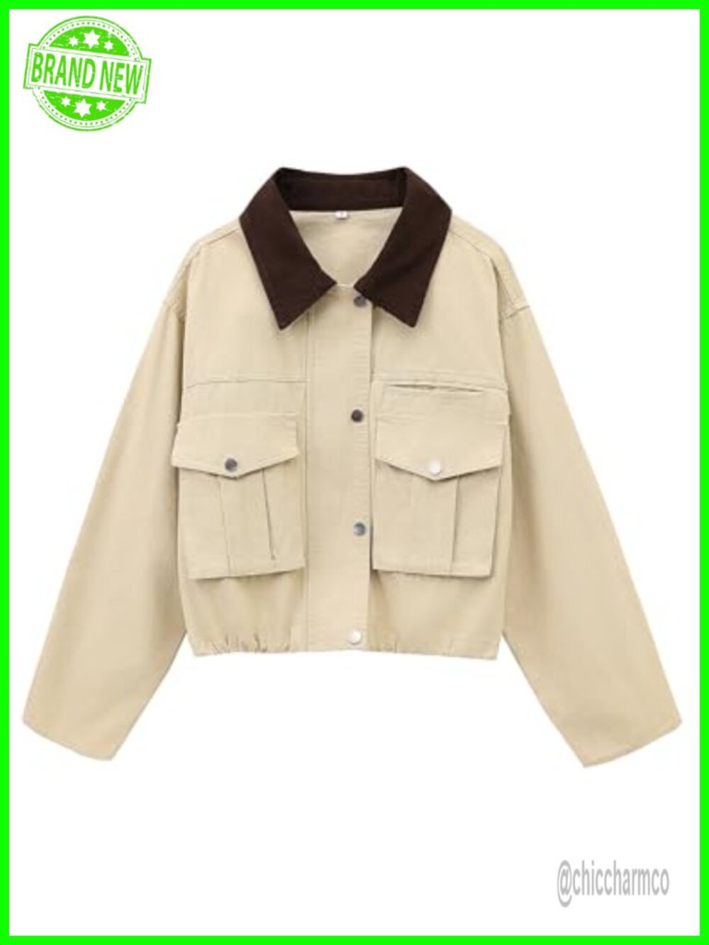 Women's Cropped Barn Jacket Cotton Contrast Collar Long Sleeve